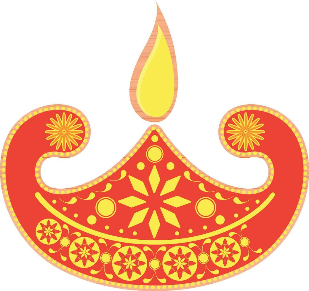 Beautiful orange oil lamp Diya with floral design. vector