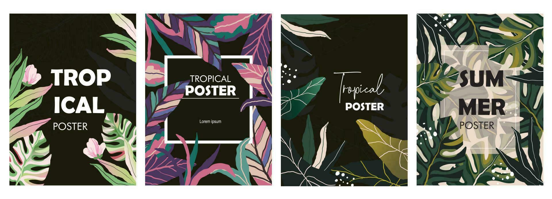 Set of Bright tropical backgrounds with jungle plants vector