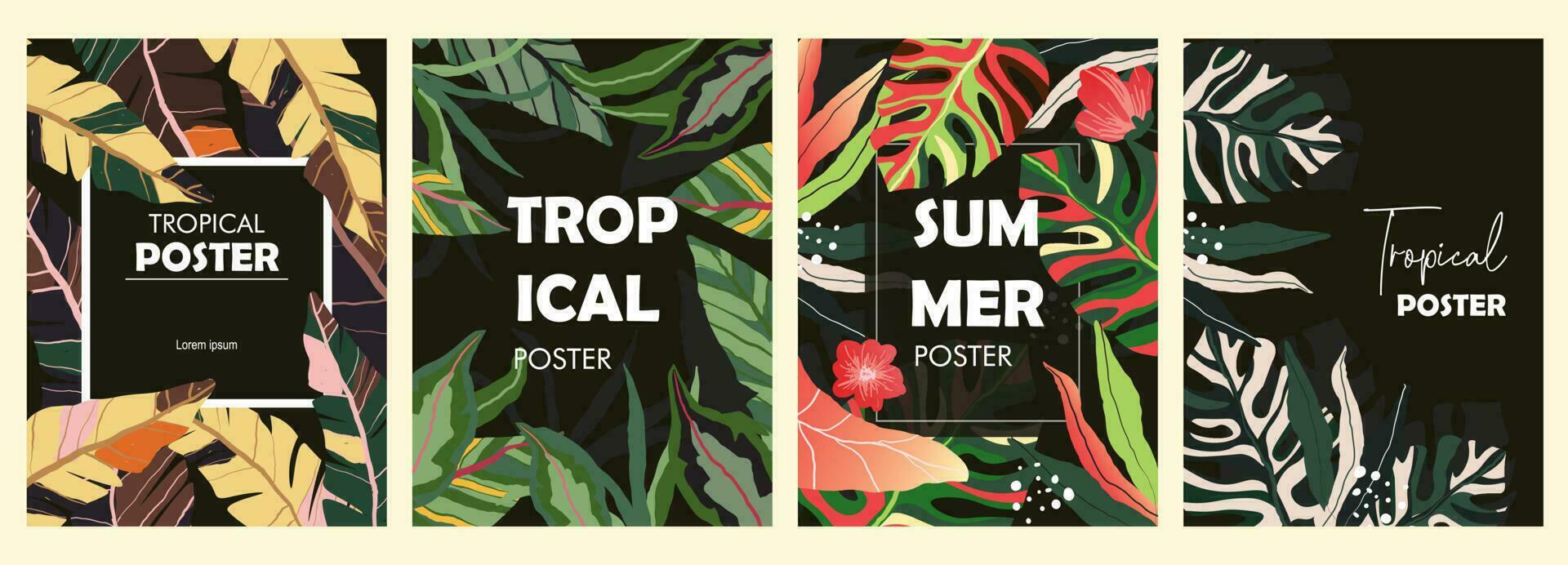 Set of Bright tropical backgrounds with jungle plants vector