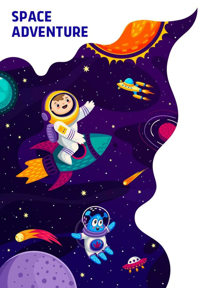 espacio aterrizaje página con niño astronauta y extraterrestre vector