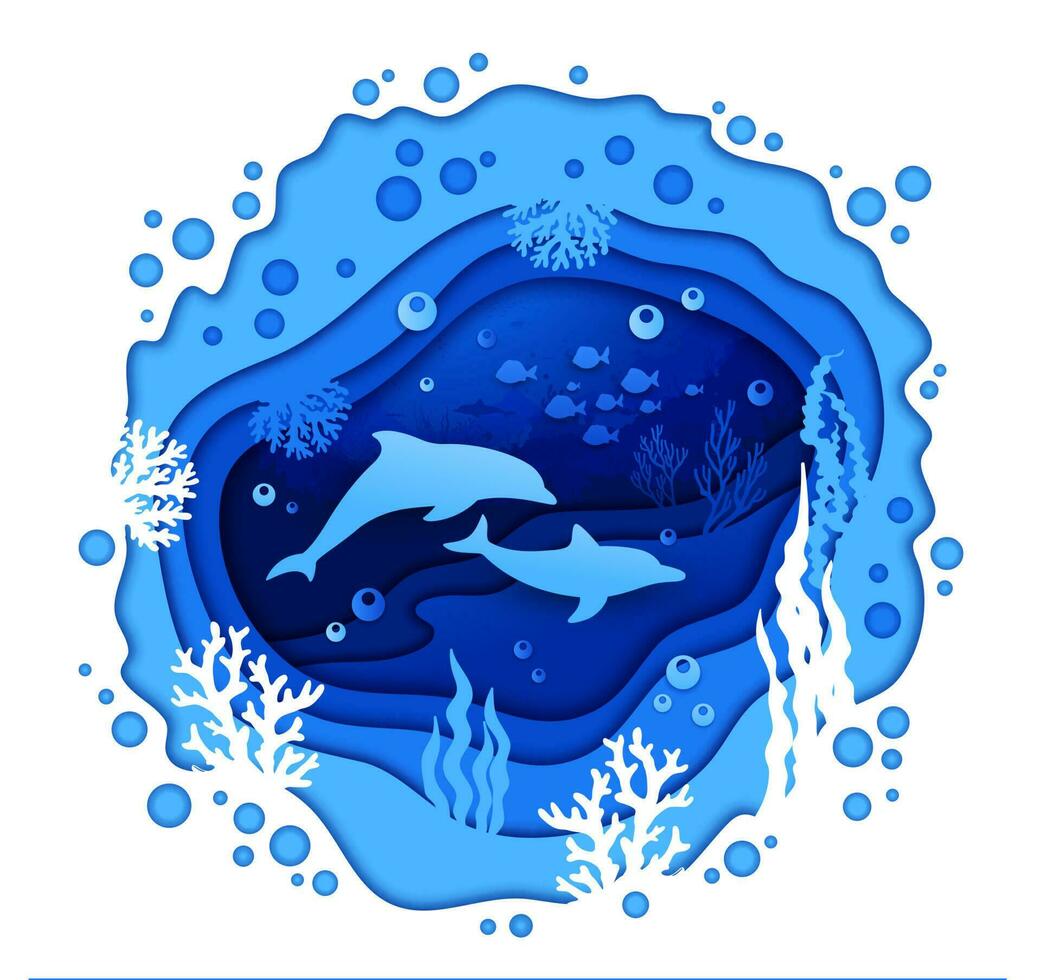 Underwater paper cut landscape, dolphin and fishes vector