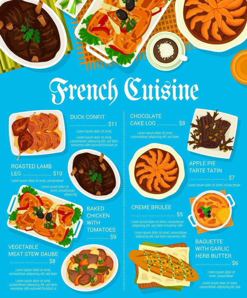 francés cocina comidas menú página vector modelo