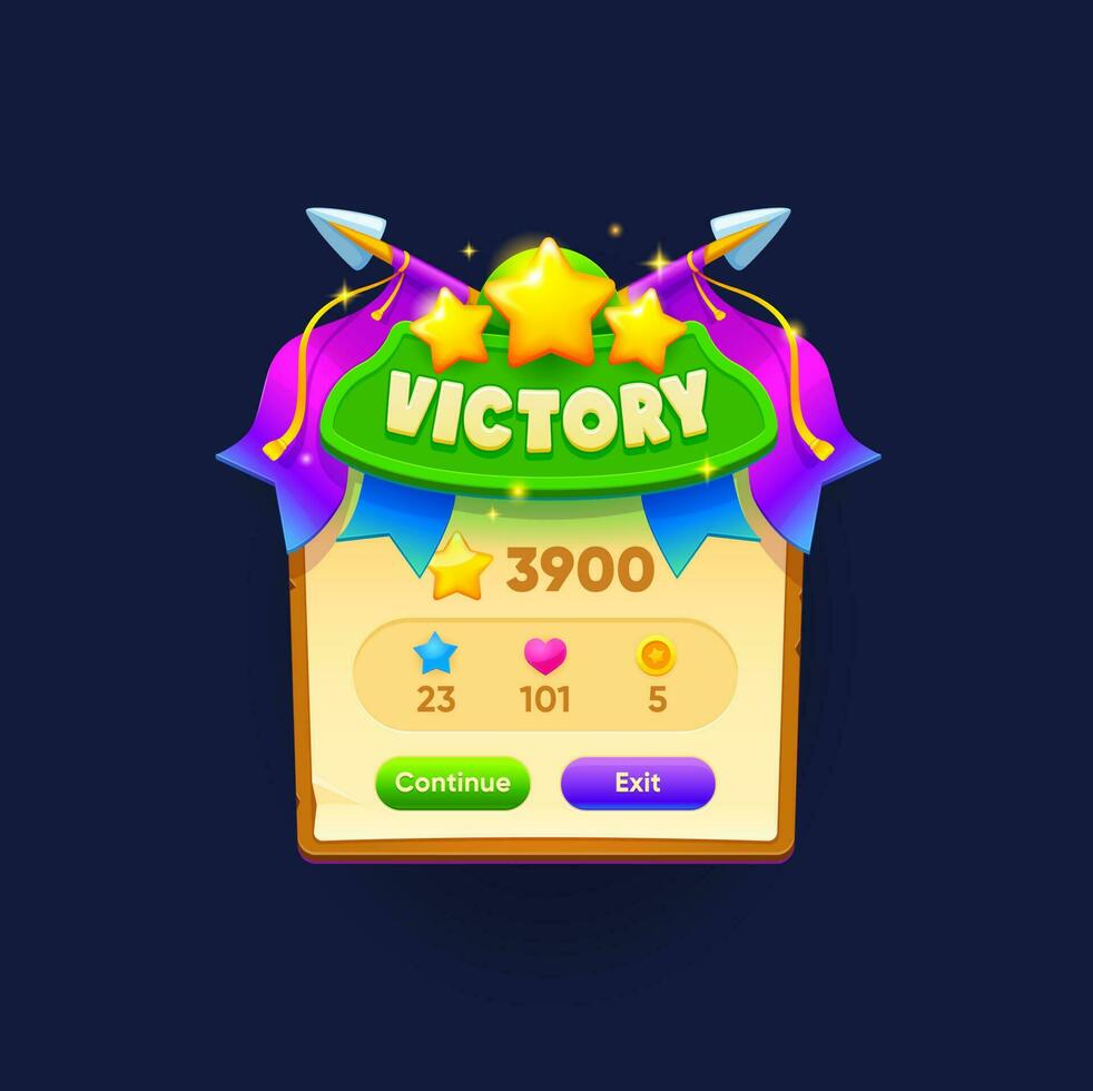 Game victory sign or banner, scores popup window vector