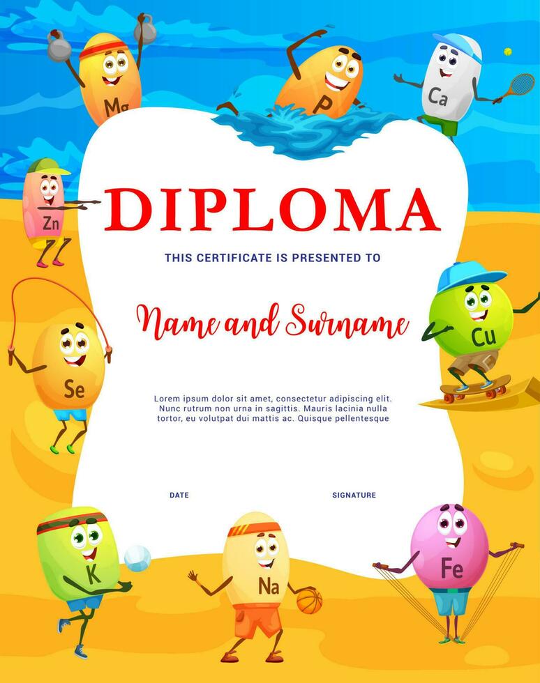 Kids diploma, vitamin characters on summer beach vector