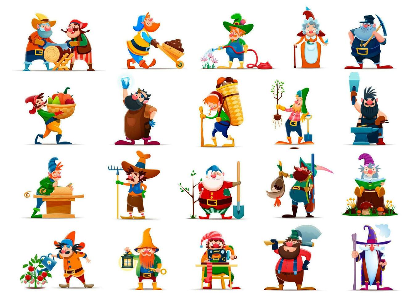 Cartoon gnome or dwarf characters with beards vector