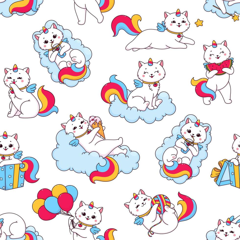 Cute cartoon caticorn seamless pattern, background vector