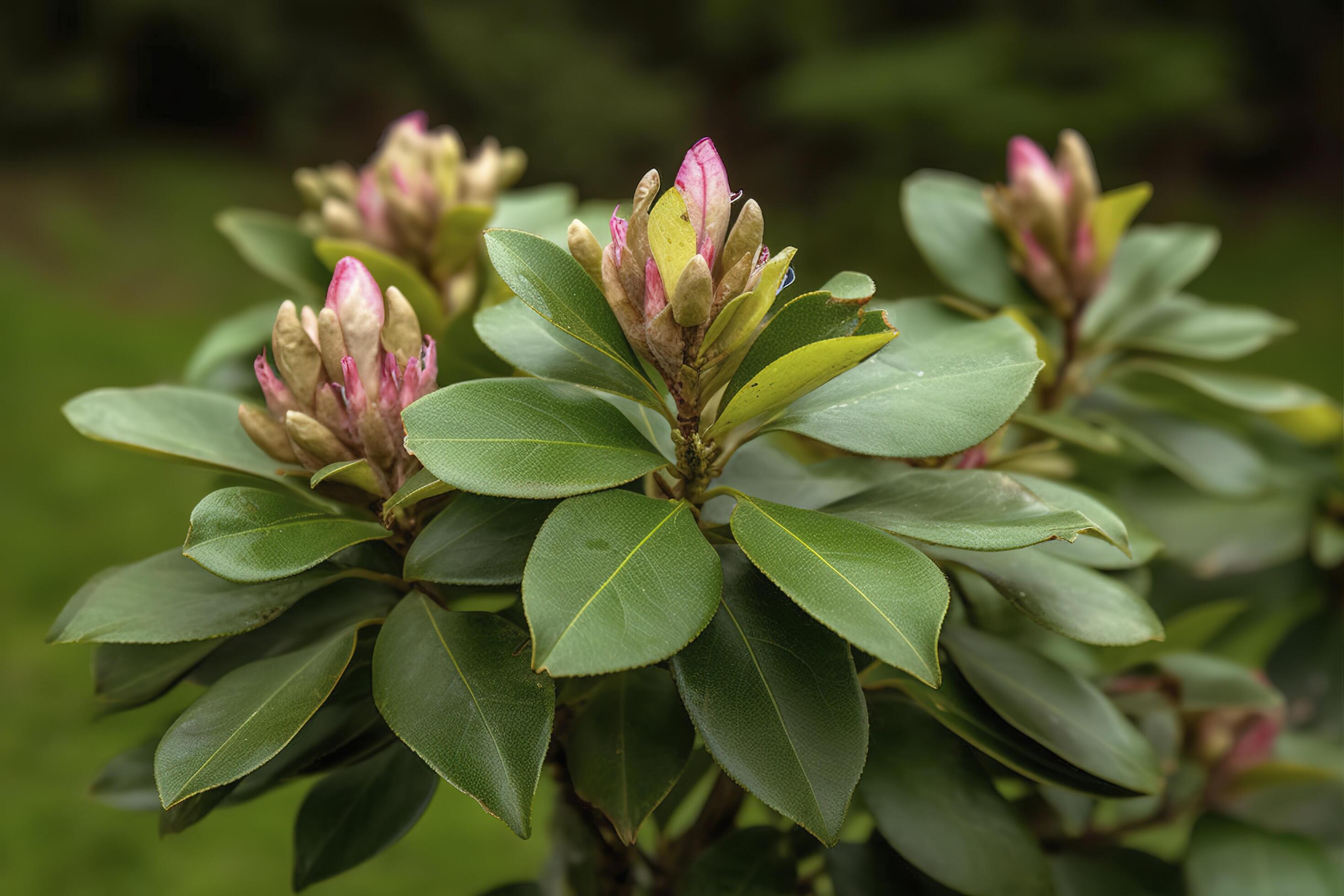 Rhododendron or Rosebay leaves and buds ready to open in spring garden