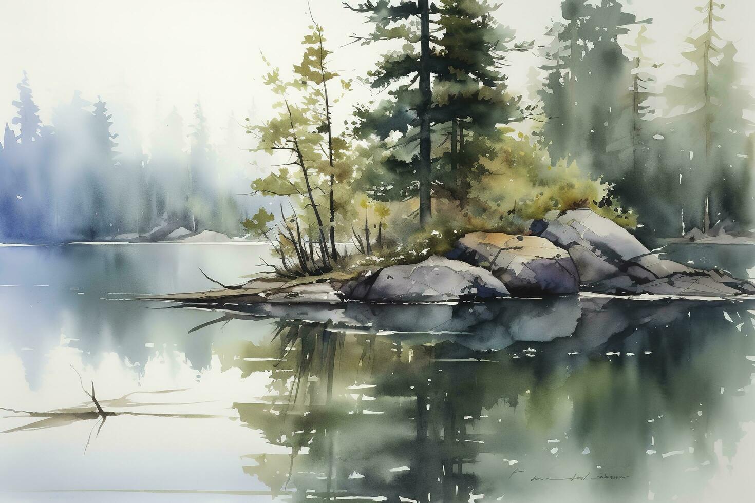 Beautiful watercolor autumn landscape with lush colorful autumnal trees on the shore of calm forest lake or pond at sunny fall day. Digital art painting from my own 3D rendering file , generate ai photo