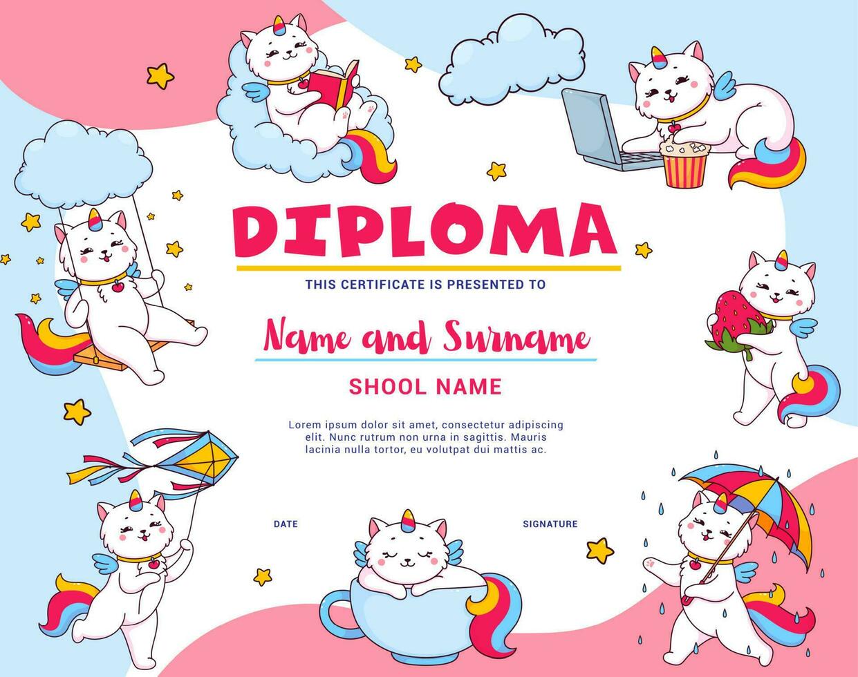 Kids diploma with cartoon cute caticorn characters vector