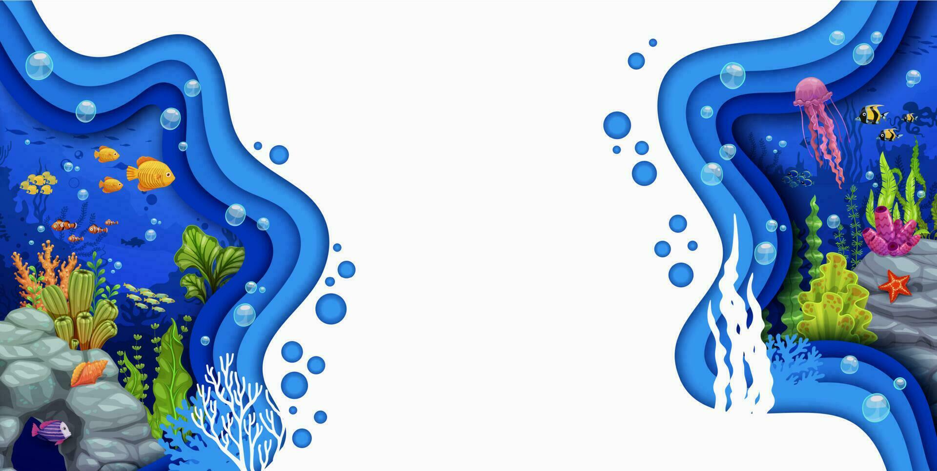 Cartoon banner or poster, sea paper cut underwater vector