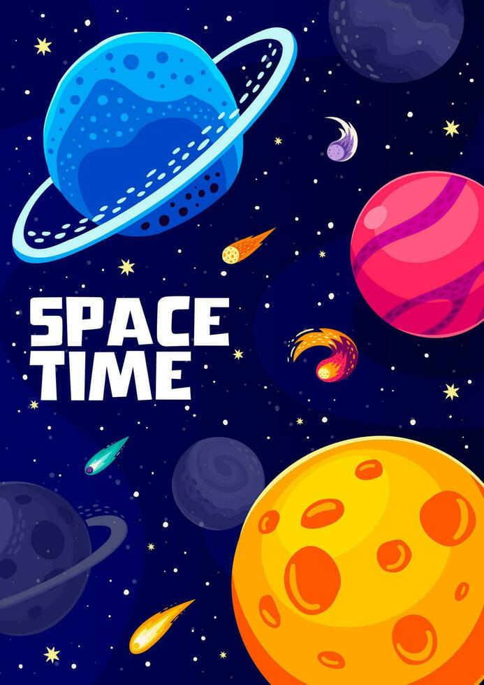 Cartoon space landscape poster, starry galaxy vector