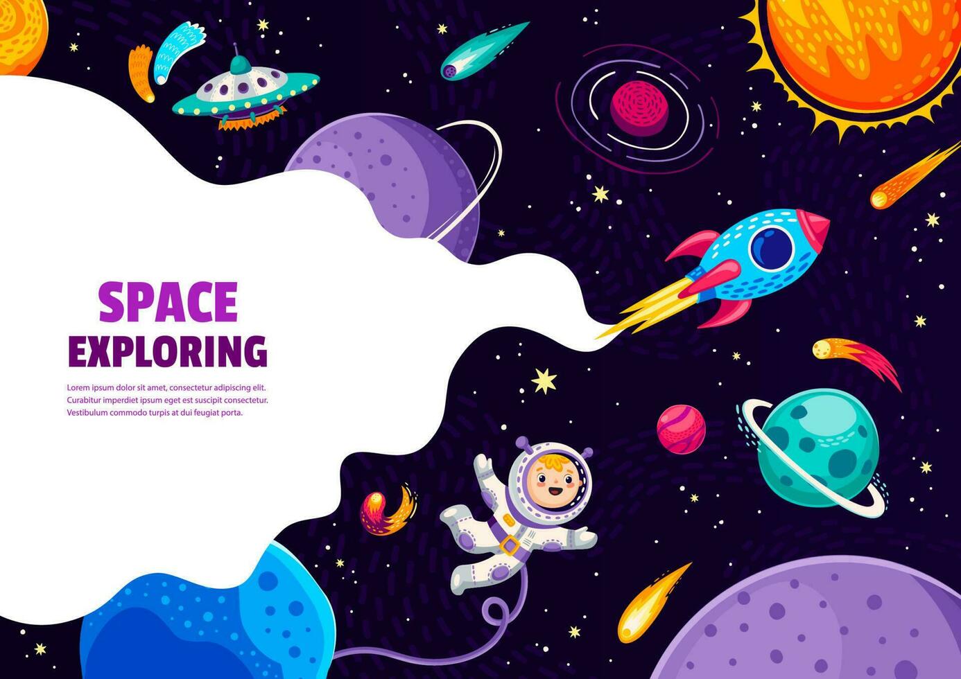 Space exploring cartoon starship, space planets vector