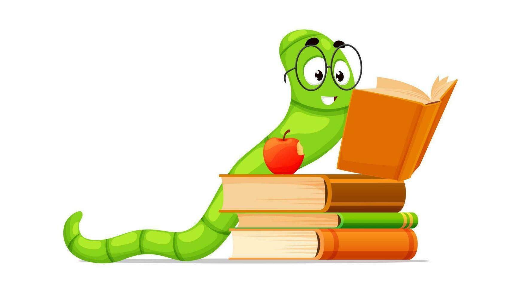 Cartoon bookworm character, reading book worm vector