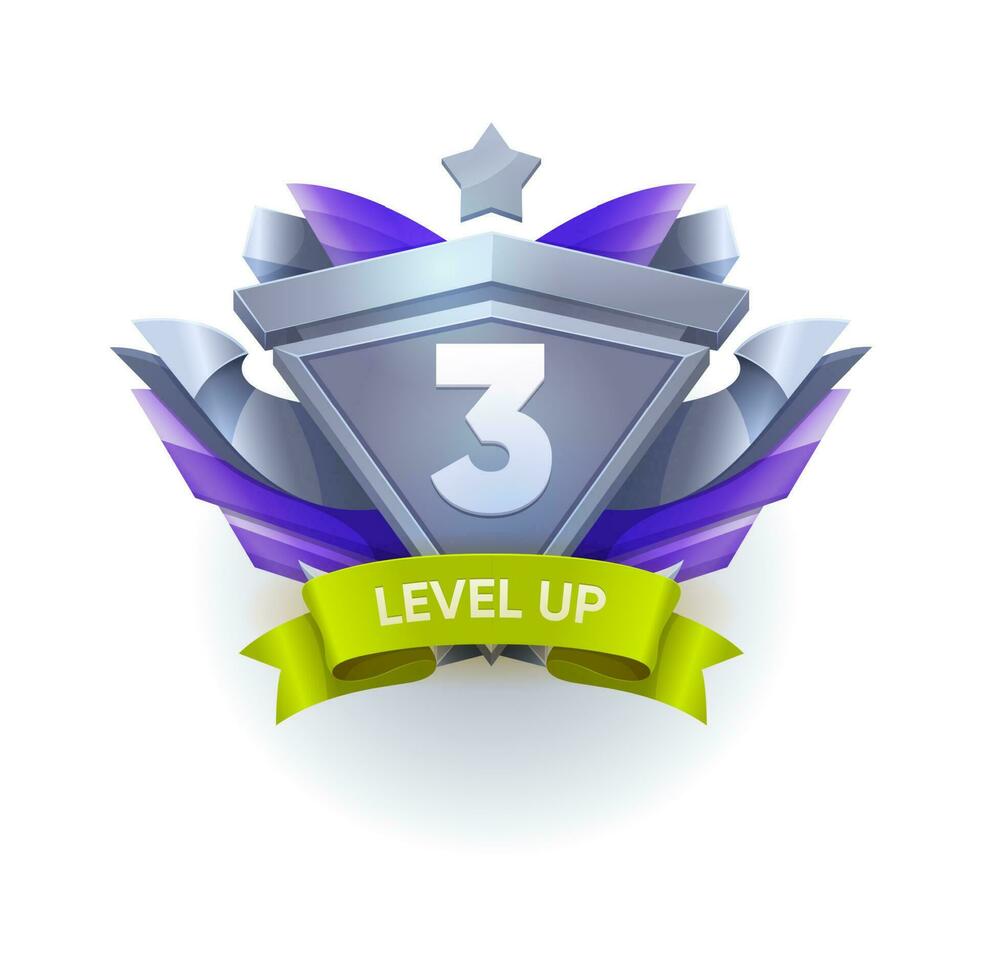 Level up game badge, rank, bonus award star medal vector