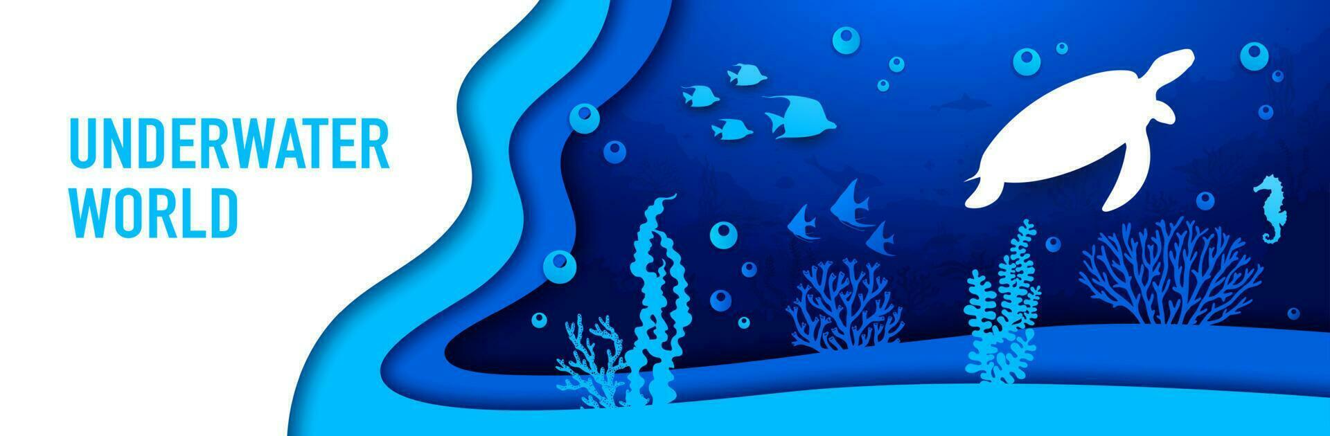 Underwater paper cut landscape, sea turtle, fishes vector