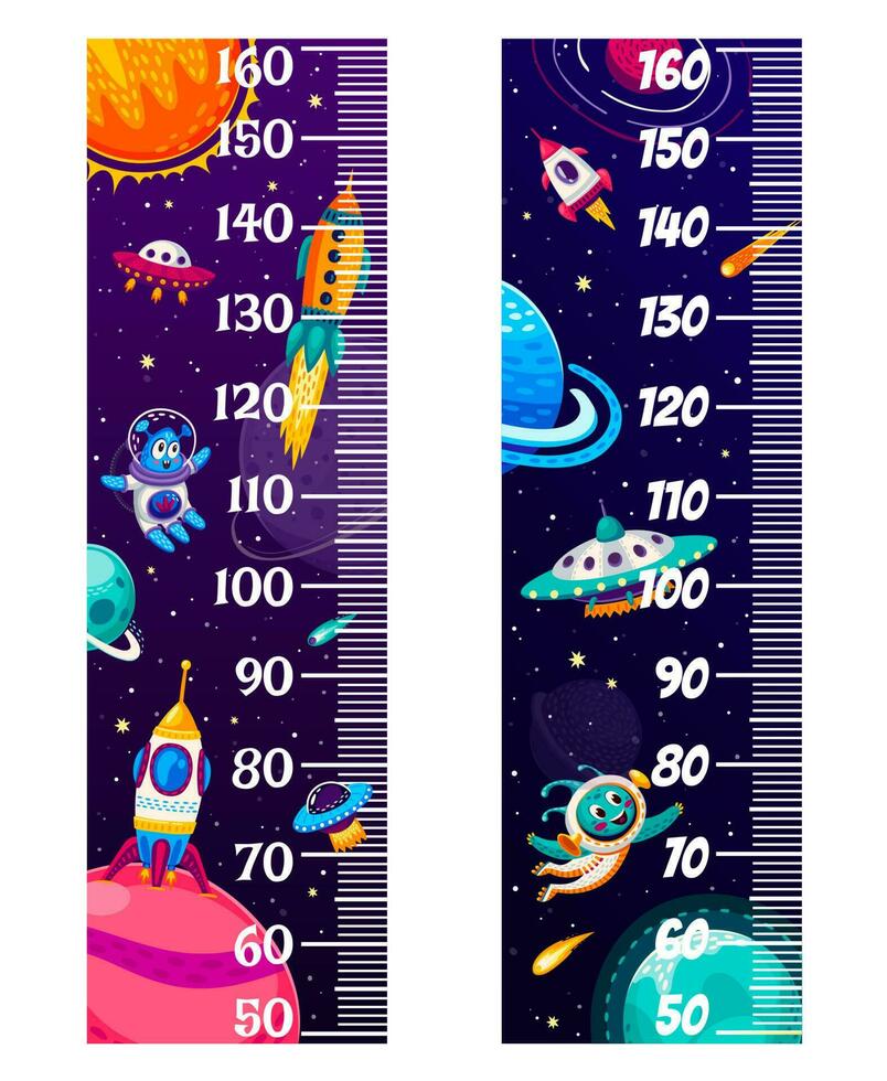 Cartoon alien in galaxy space. Kids height chart vector