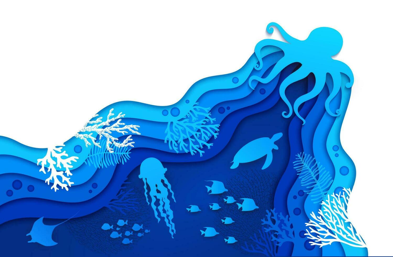 Underwater paper cut silhouette landscape, octopus vector