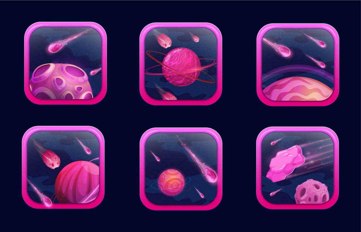 Cartoon space game app icons with purple planets vector