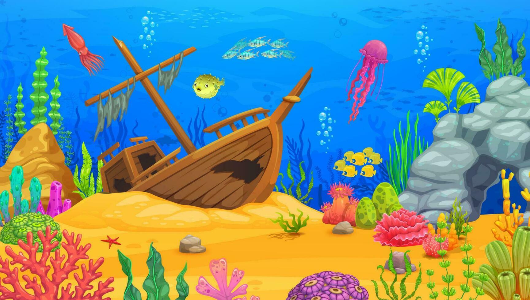 Game level underwater landscape with sunken ship vector