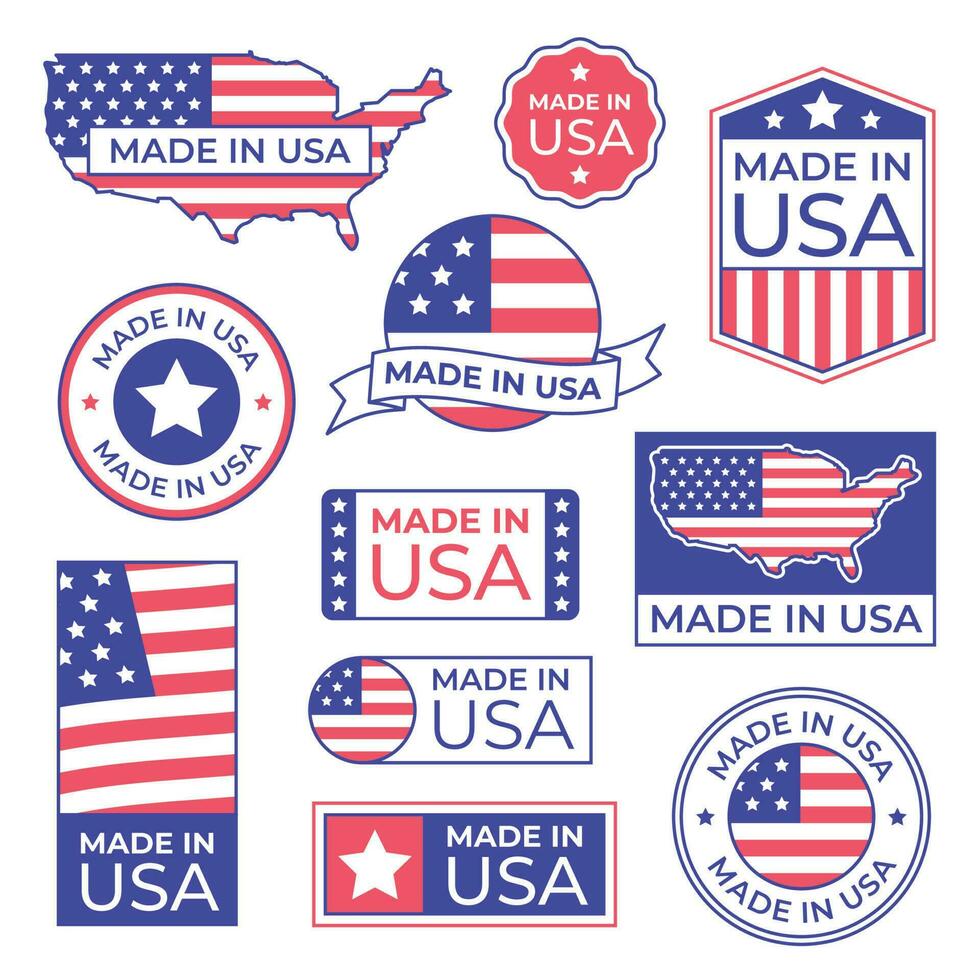 Made in USA label. American flag proud stamp, made for usa labels icon and manufacturing in America stocker isolated vector set