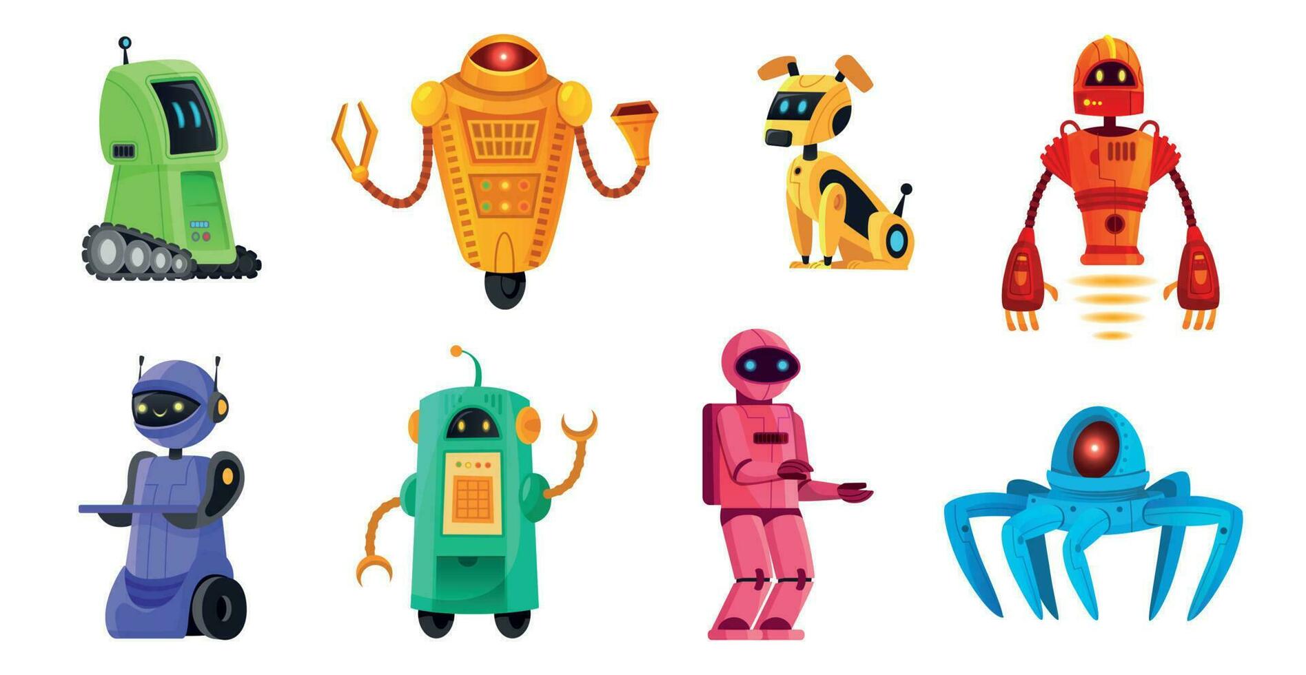 dibujos animados robots robótica robots, robot mascota y robótico androide larva del moscardón caracteres tecnología vector ilustración conjunto