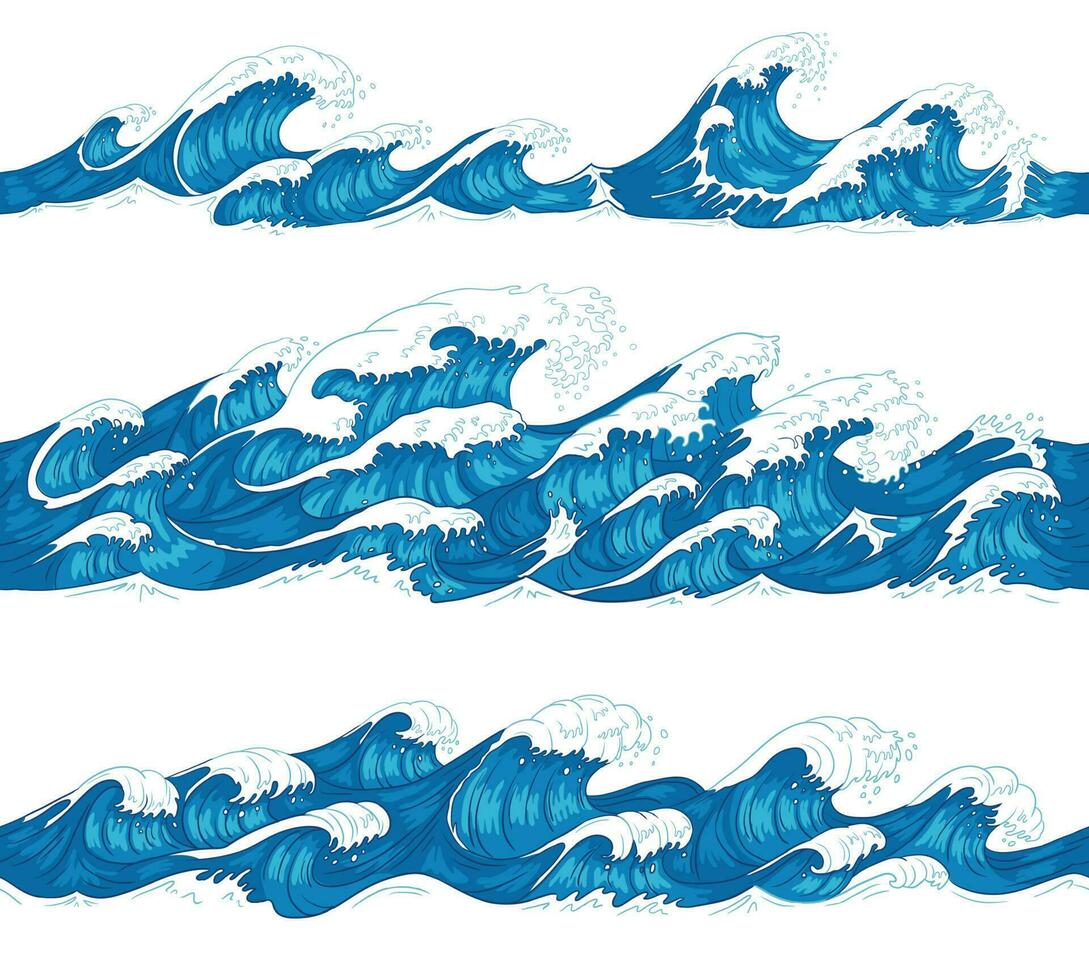 Seamless ocean waves. Sea surf, decorative surfing wave and water pattern hand drawn sketch vector illustration set