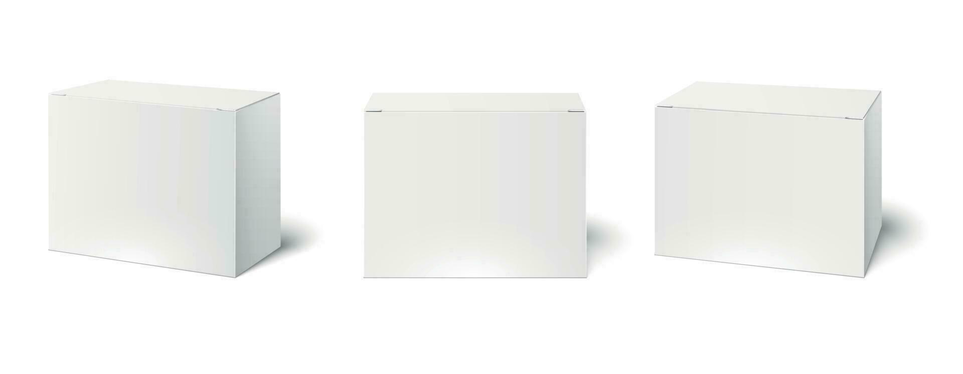 blanco caja Bosquejo. blanco embalaje cajas, cubo perspectiva ver y productos cosméticos producto paquete maquetas 3d vector ilustración conjunto