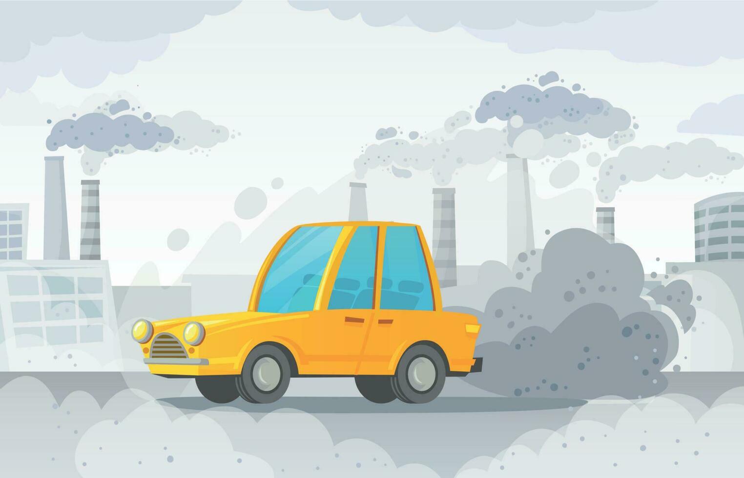 Car air pollution. City road smog, factories smoke and industrial carbon dioxide clouds vector illustration