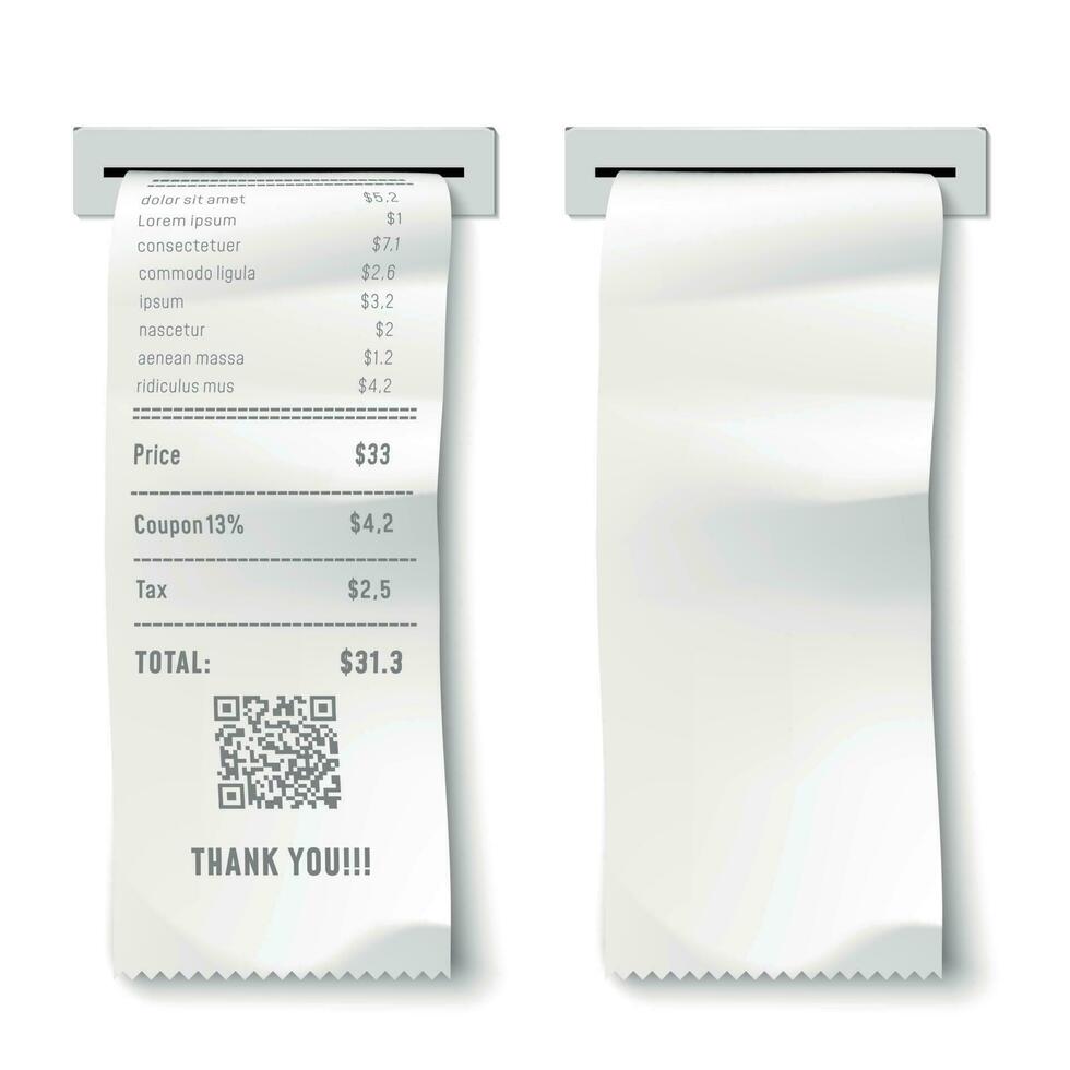 Realistic printed check. Transaction receipt, payment bill and financial checks isolated 3D vector illustration