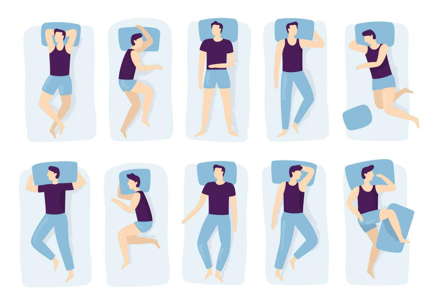 hombre dormido posa noche dormir pose, dormido masculino posicionamiento en cama y dormir posición aislado vector ilustración