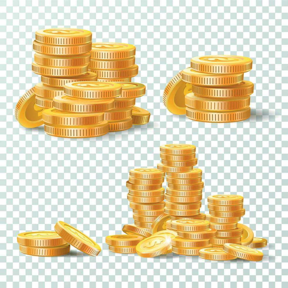 apilar de oro monedas dorado moneda montón, dinero pilas y oros pila de algo aislado vector conjunto