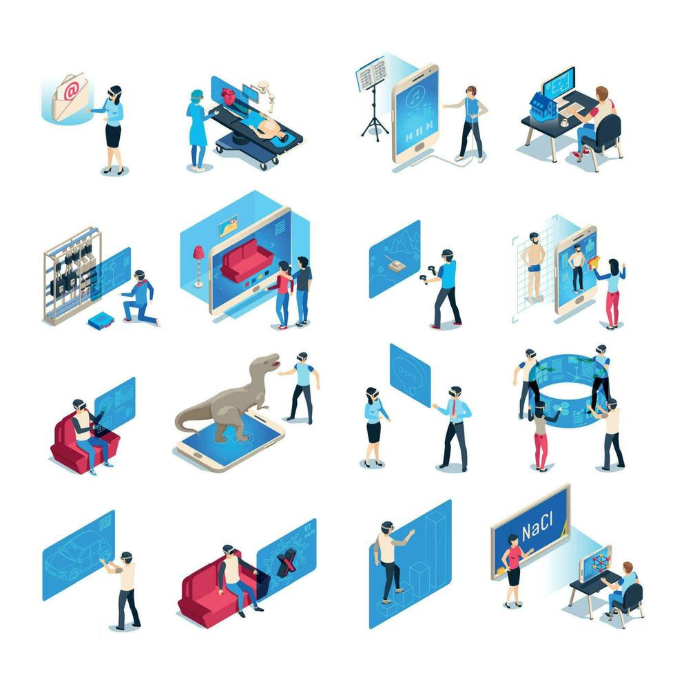 Virtual reality device. Isometric immersion training experience in vr equipment. Immersed human vector illustration collection