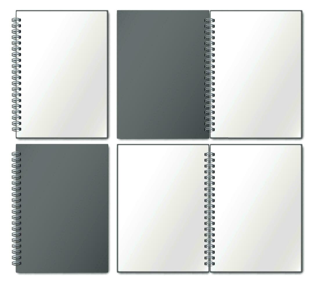 Notebook mockup. Empty copybook, notebooks pages binded on metal spiral and open bound sketchbook realistic 3d vector illustration