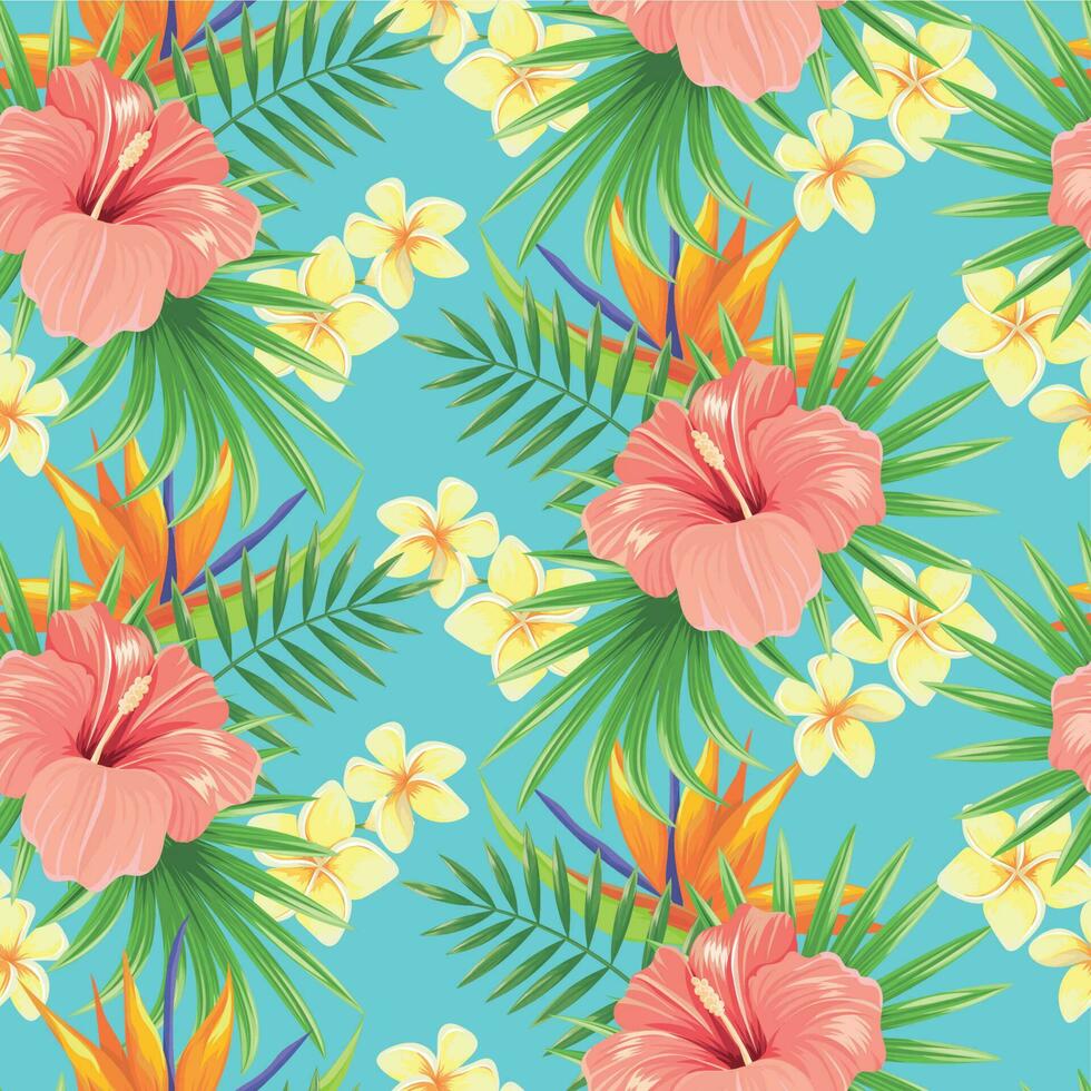 Flowers seamless pattern. Stylish spring flower, tropical plants leaves and floral ornamental tiles vector background