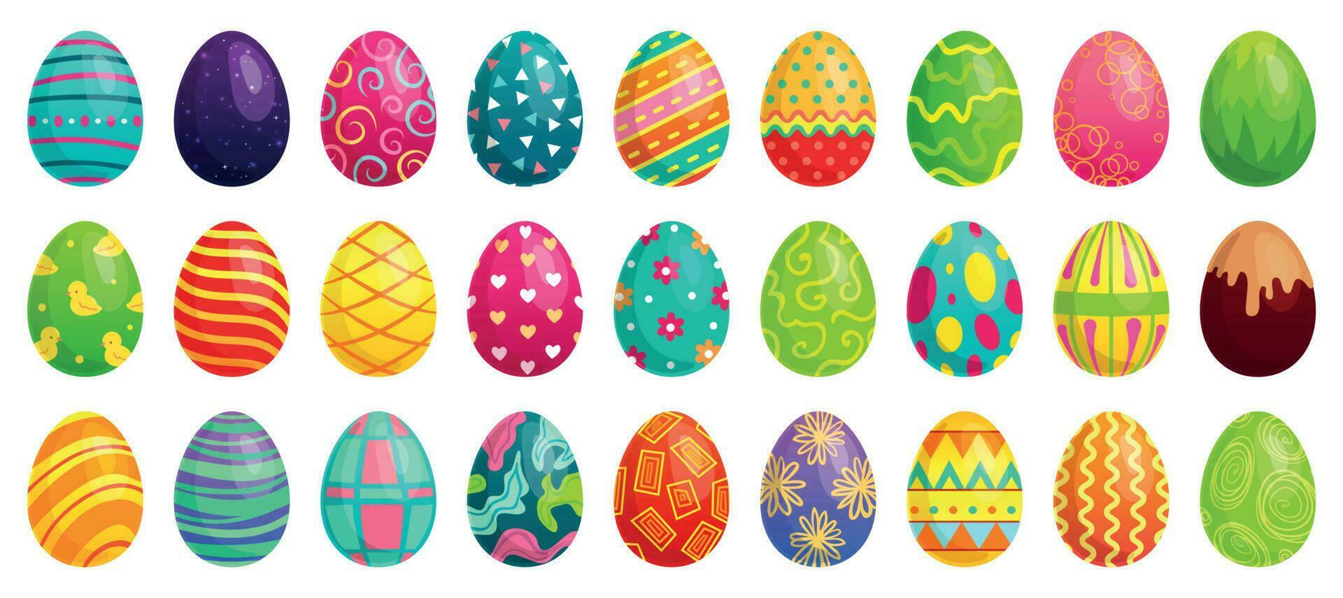 Easter eggs. Spring colorful chocolate egg, cute colored patterns and happy easter decoration cartoon vector set