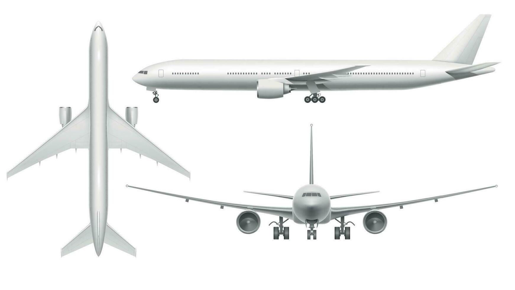 Realistic airplane. Aircraft plane view landing on runway or flying. White 3d airplane isolated illustration vector
