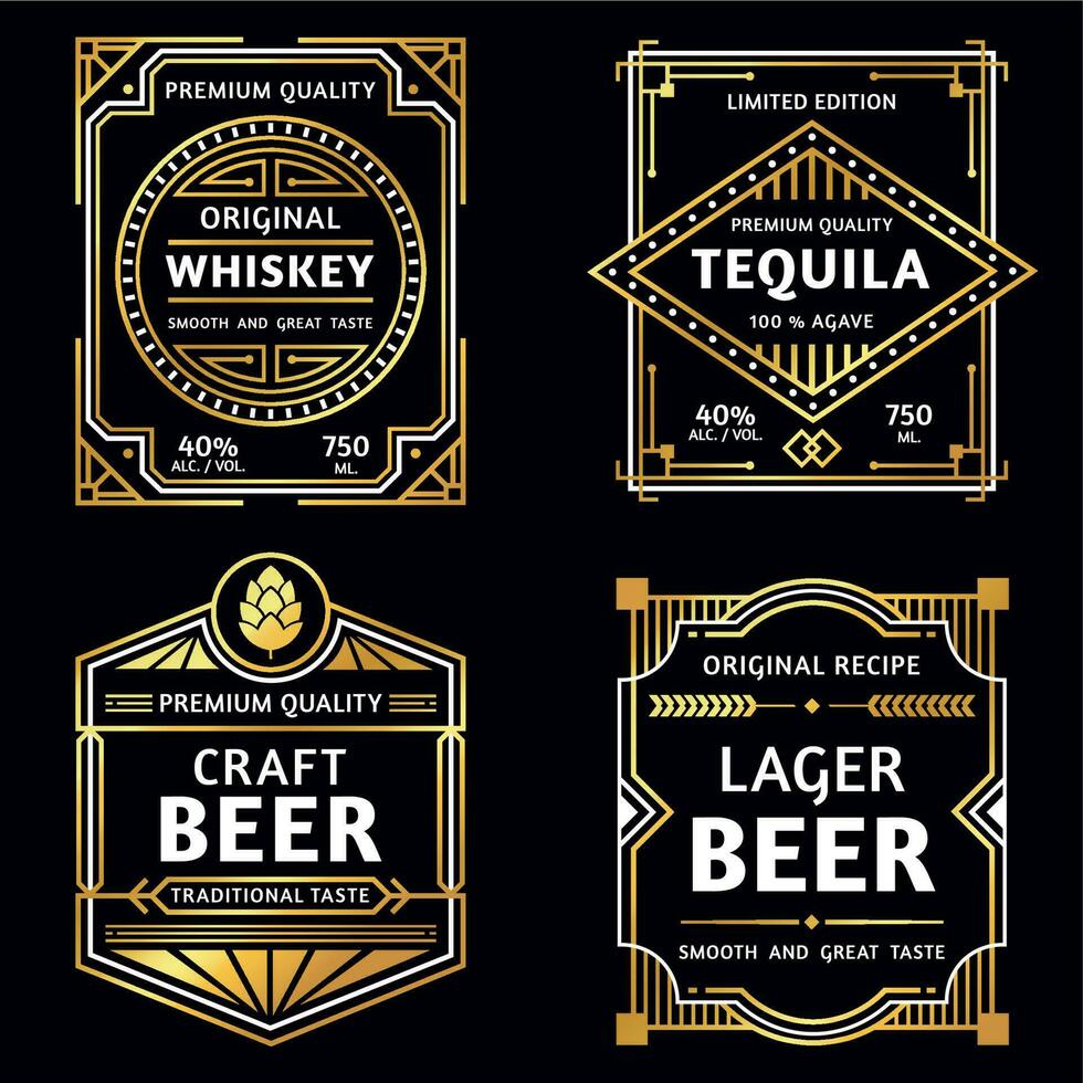 Vintage alcohol label. Art deco whiskey, tequila sign, retro craft and ager beer labels vector illustration