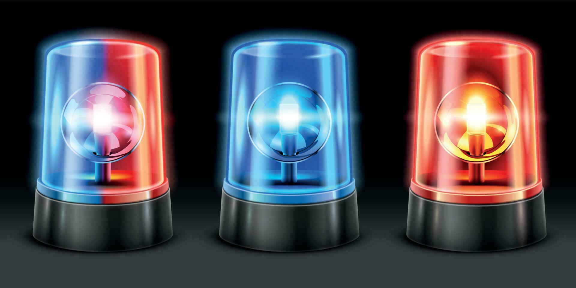 Realistic ambulance flashing. Police light flasher, safety lights and warning siren flashing lamps. Emergency light 3D vector set