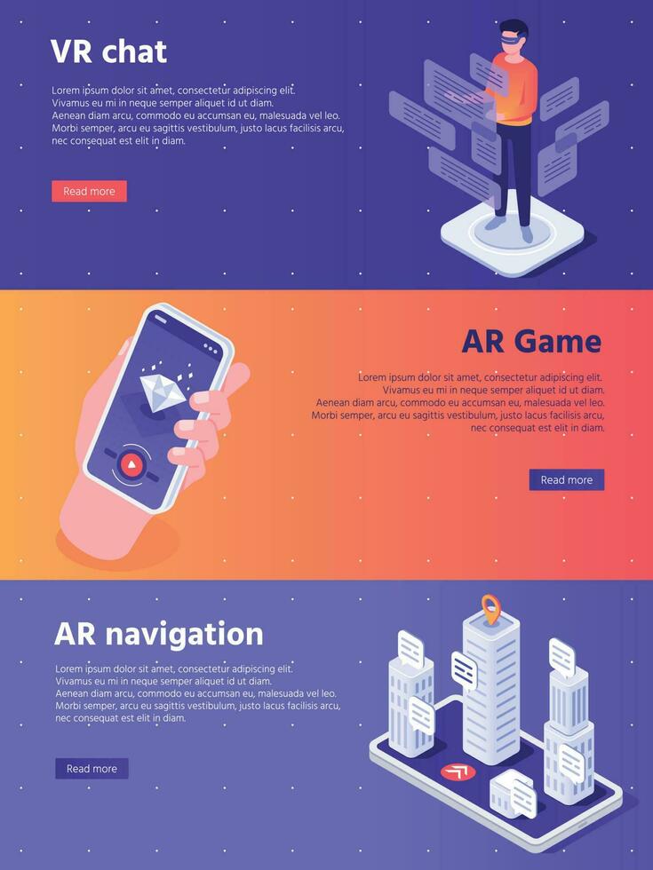 Mobile augmented reality. Isometric virtual AR device entertainment banners vector concept illustration