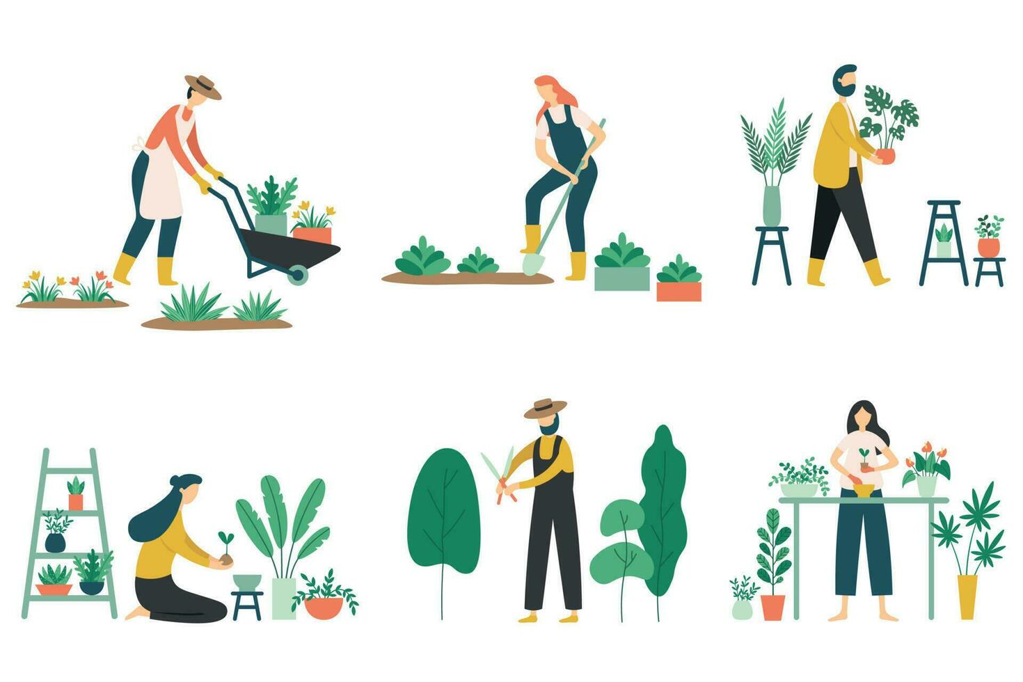 personas jardinería. mujer plantando jardines flores, agricultura jardinero pasatiempo y jardín trabajo plano vector ilustración conjunto