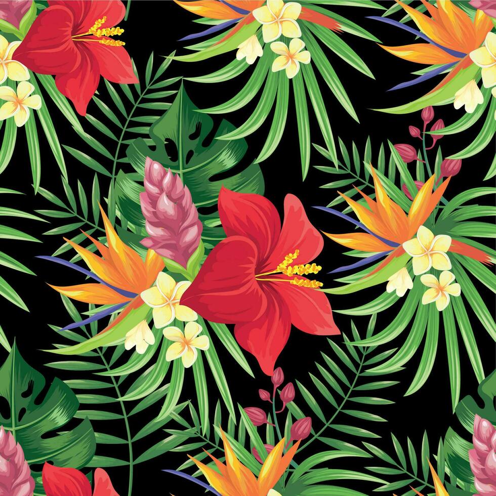 Rainforest flowers seamless pattern. Tropical flower leaves, tropic jungle plants and exotic floral branch vector background
