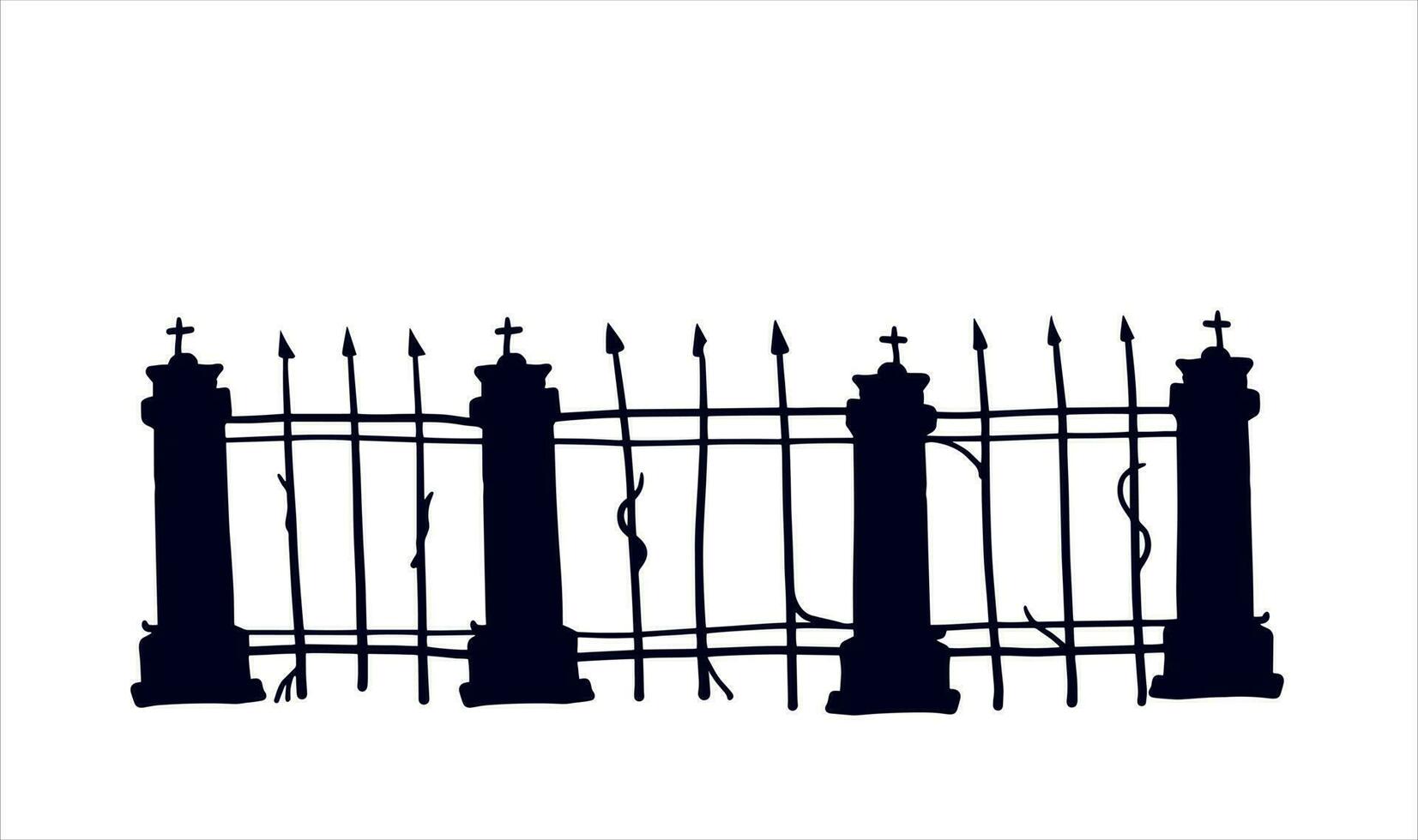 Old fence of cemetery. Halloween decoration. Black silhouette of gloomy wall. Flat illustration isolated on white vector