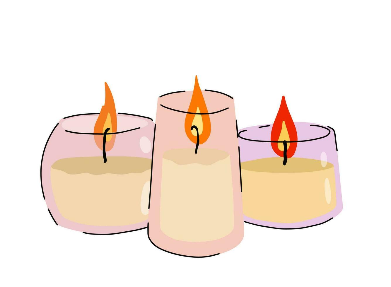 Scented candles in glass jar. Set of Romantic Flame and fire in decorative glass. Doodle cartoon isolated on white background vector