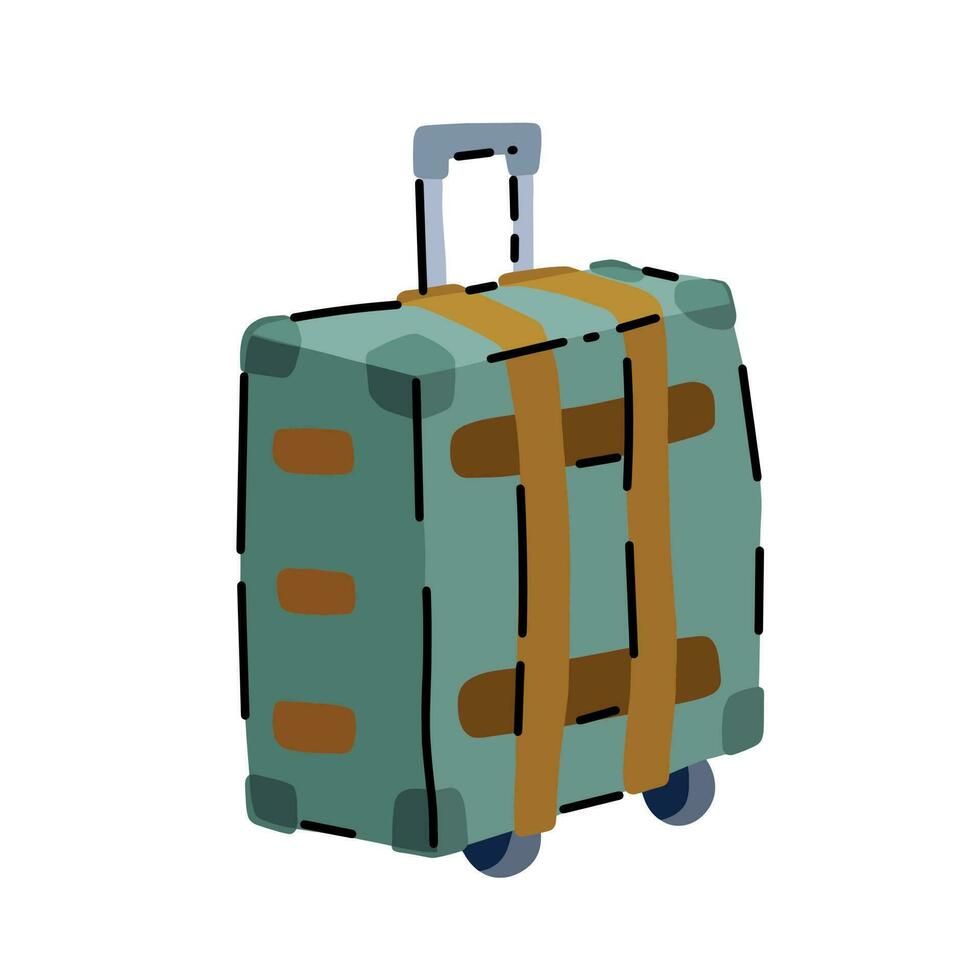 Suitcase on wheels. Vintage travel blue bag. Tourist case isolated on white vector