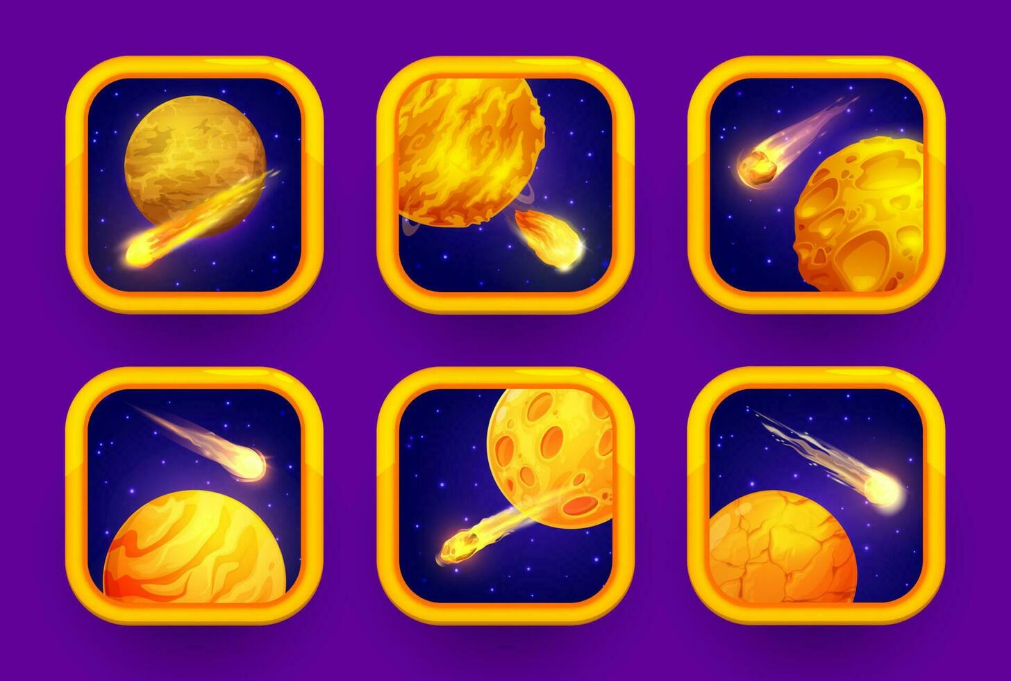 Cartoon space game app icons with yellow planets vector