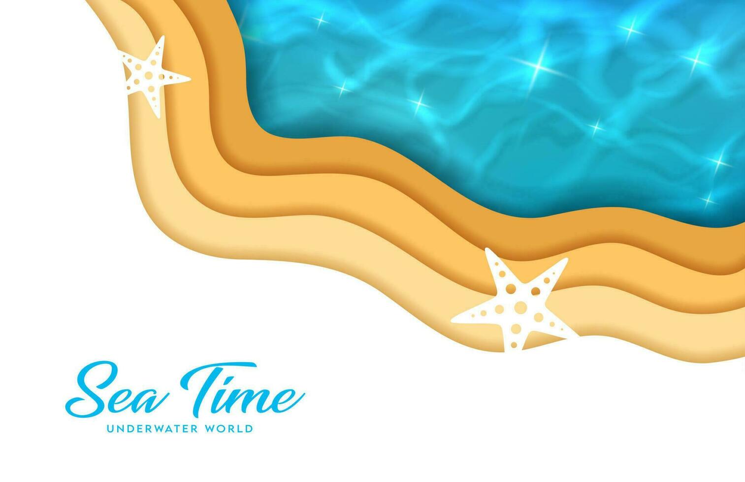 Sea wave paper cut banner, beach with starfish vector