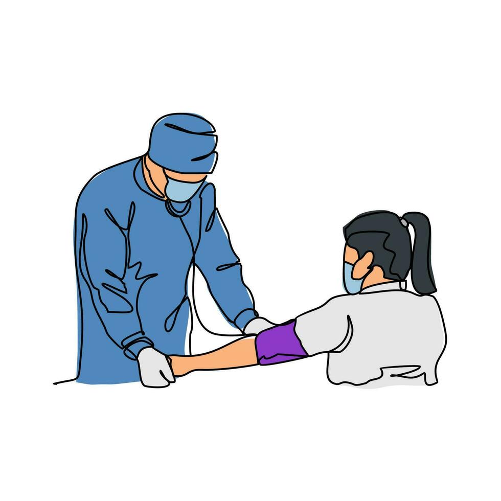 uno continuo línea dibujo de un médico es examinando paciente en el clínica o hospital. salud diseño concepto con sencillo lineal estilo. salud temas vector diseño ilustración concepto.