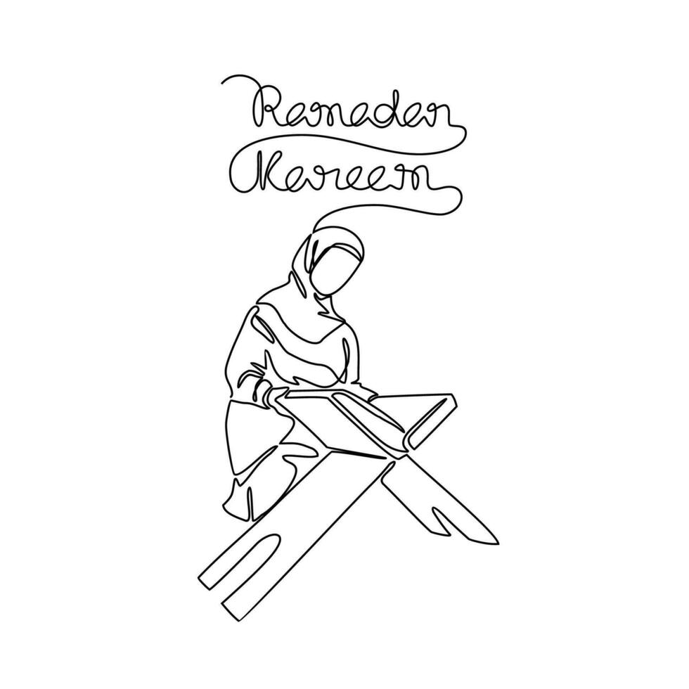 musulmán mujer leer Corán en el mezquita durante ramadhan hora en continuo línea Arte dibujo estilo. diseño con minimalista negro lineal diseño aislado en blanco antecedentes. vector ilustración