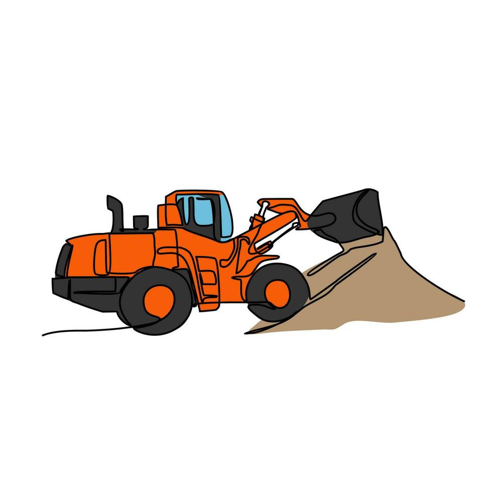 One continuous line drawing of bulldozer in the site project . Construction Project design concept with simple linear style. Construction Project vector design illustration concept.