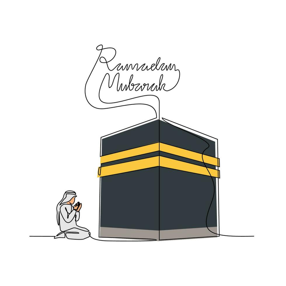 One continuous line drawing of a moslem man is praying the ka'bah during ramadan time. Moslem praying design with simple linear style. Ramadan kareem design concept vector
